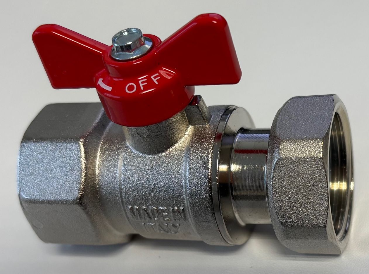 Kulový kohout 1" FF s převlečnou maticí a plochým těsněním, motýl červený